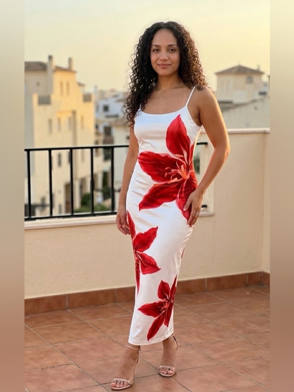 ZESICA White Red Floral Midi Dress | Double Lined | Bodycon Fit | Size M